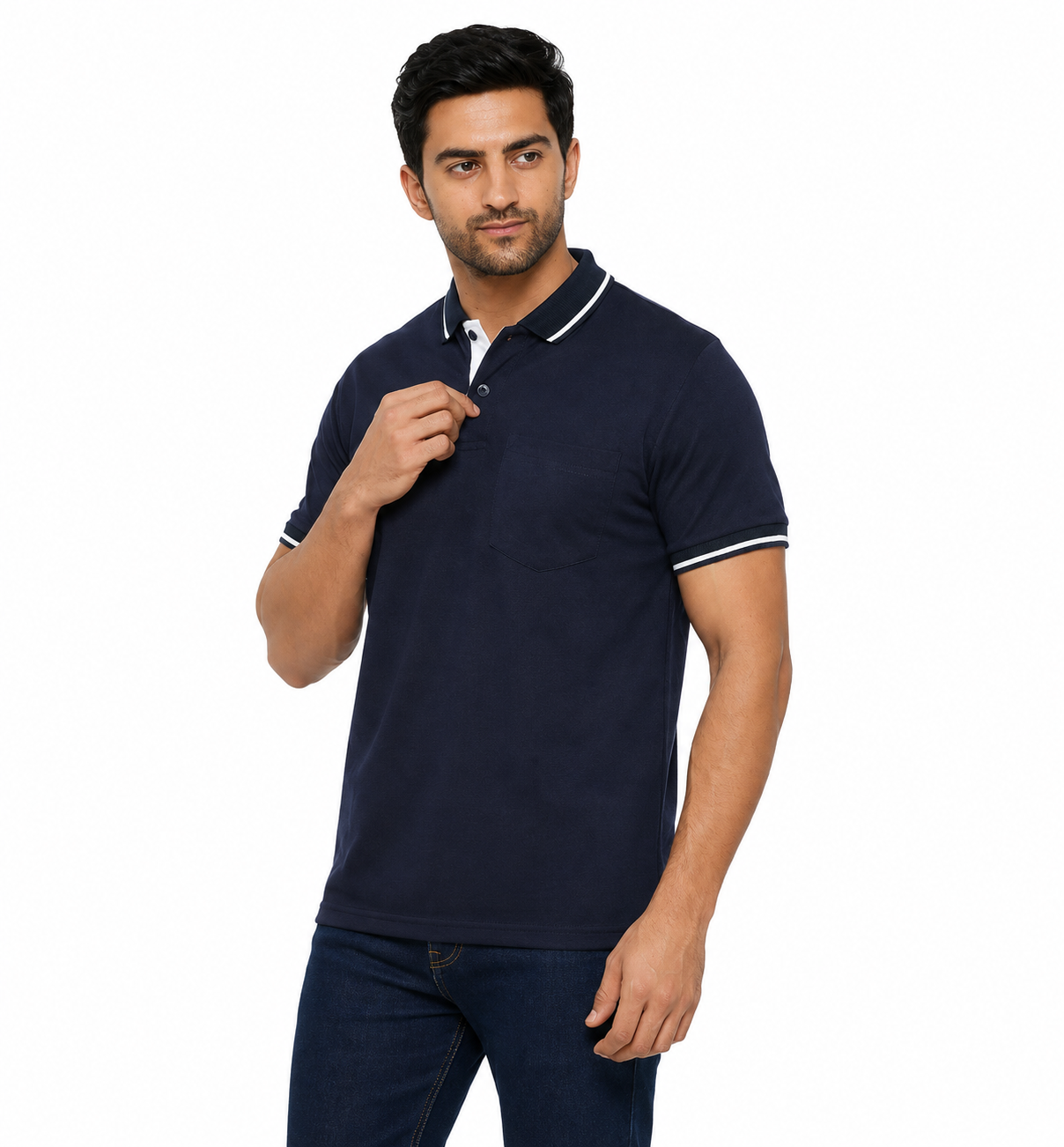 Navy Blue T-Shirt With Collar & Sleeve White Tipping