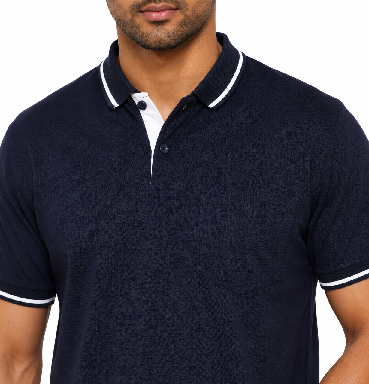 Navy Blue T-Shirt With Collar & Sleeve White Tipping