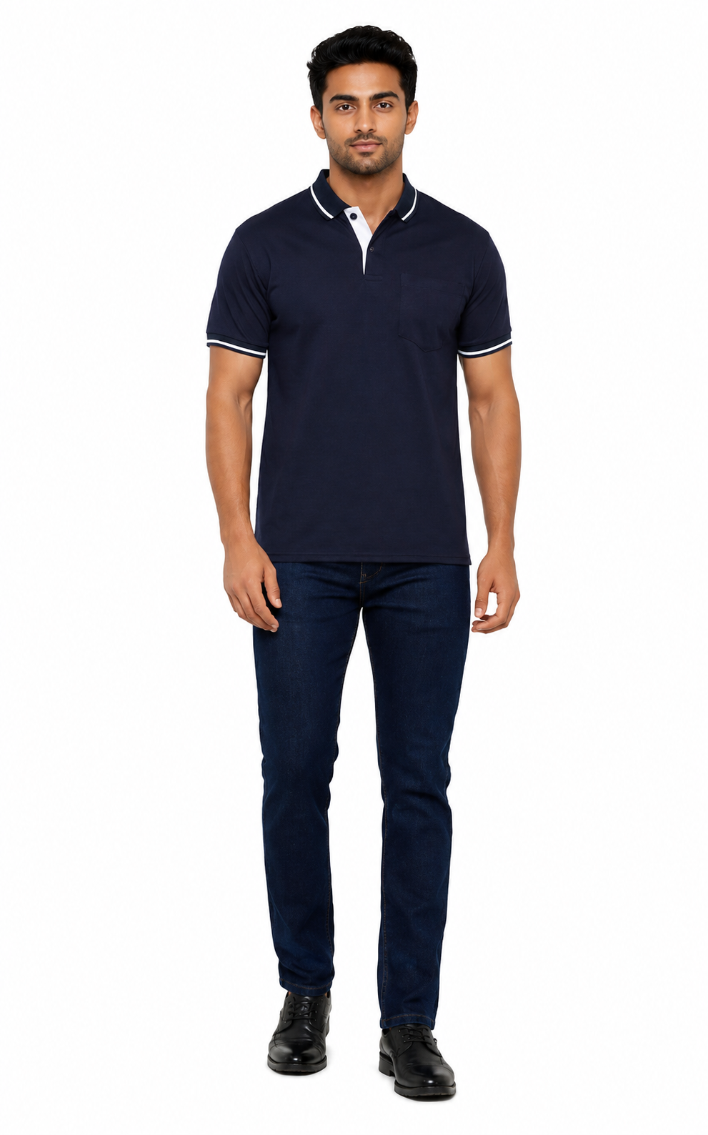 Navy Blue T-Shirt With Collar & Sleeve White Tipping