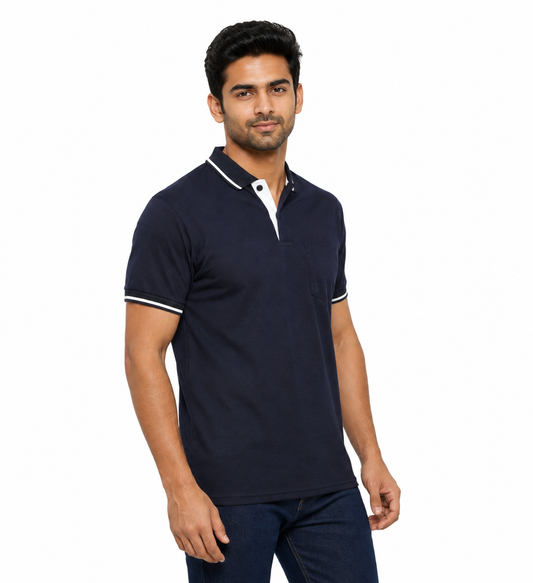 Navy Blue T-Shirt With Collar & Sleeve White Tipping