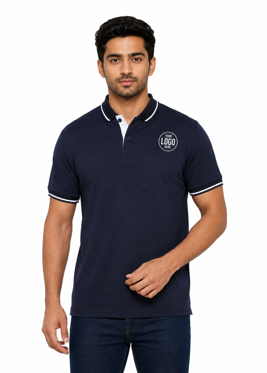 Navy Blue T-Shirt With Collar & Sleeve White Tipping